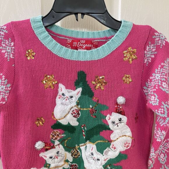 33 Degrees Cats in Christmas Tree Ugly Christmas Sweater Pink Girls Size XS 6/6X - Picture 2 of 14